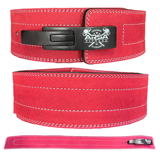 10mm Lever Double Stitch Weightlifting Belt - Suede Leather Red